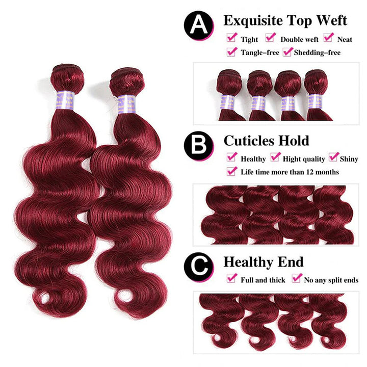 #99J Burgundy Body Wave Human Hair 3 Bundles With 13x4 13x6 HD Lace Frontal Colored Hair Weave Weft Extensions - AlloveHair