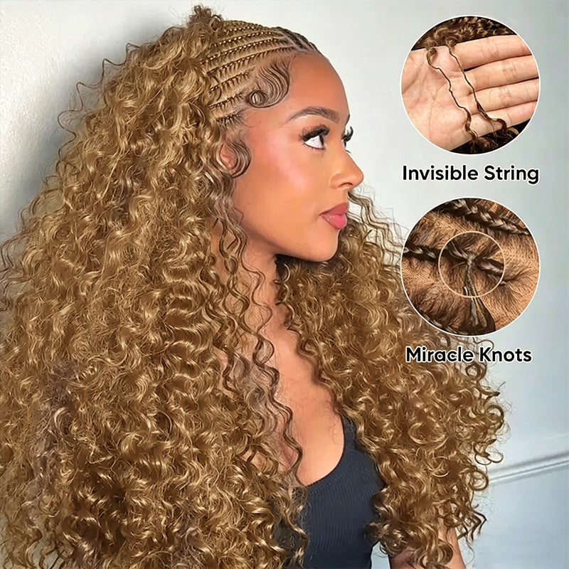 #27 Honey Blonde Burmese Curly Feather Crochet Human Hair Quick Weave with Spiral Curly End Boho Braids Hair Extensions - AlloveHair