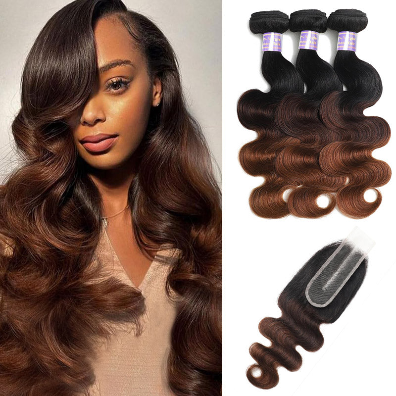 1B/2/30 Ombre Body Wave Human Hair Bundles With Closure Chestnut Brown 3 Bundles with 2x6 HD Lace Closure Deep Parting - AlloveHair