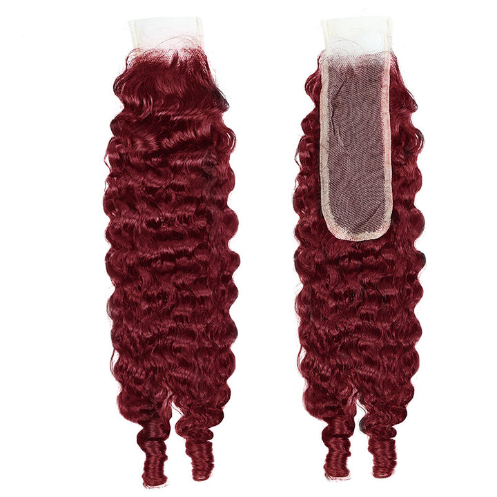 99J Burgundy Burmese Curly Human Hair Bundles with 2x6 Deep Part Lace Closure Virgin Hair Quick Weave