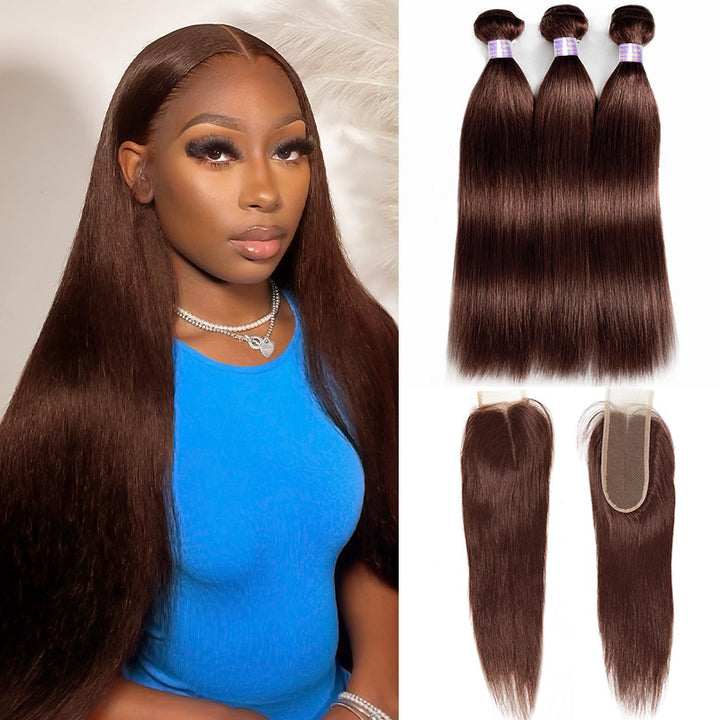 Brown Colored Hair Bundles with 2x6 Lace Closure Straight Human Hair 3 Bundles with Lace Closure