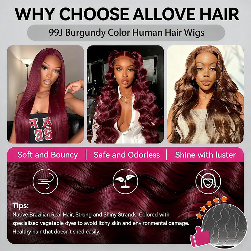 200% Density 99J Burgundy Color Straight And Body Wave 5*5 Glueless Wigs for Beginners Wine Red Wigs