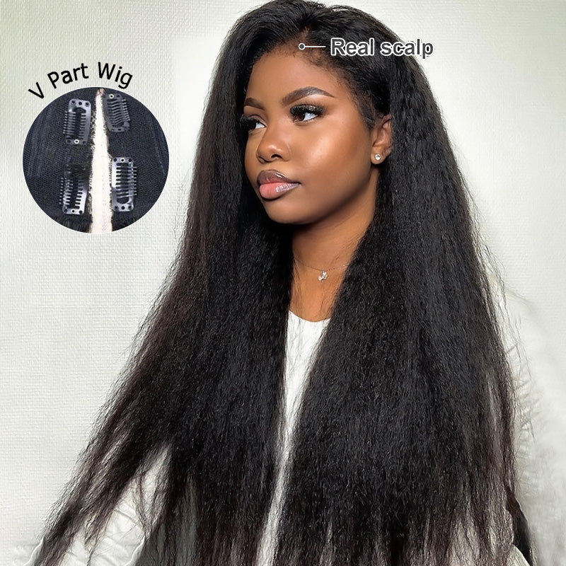 Invisible V Part No Leave Out Kinky Straight Human Hair Wig with Pre-Plucked Hairline - AlloveHair