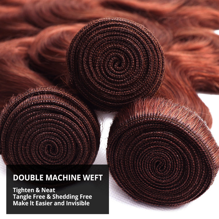 Auburn Brown Body Wave Human Hair 3 Bundles with 2x6 Lace Closure #33 Reddish Brown Bundles with Closure - AlloveHair