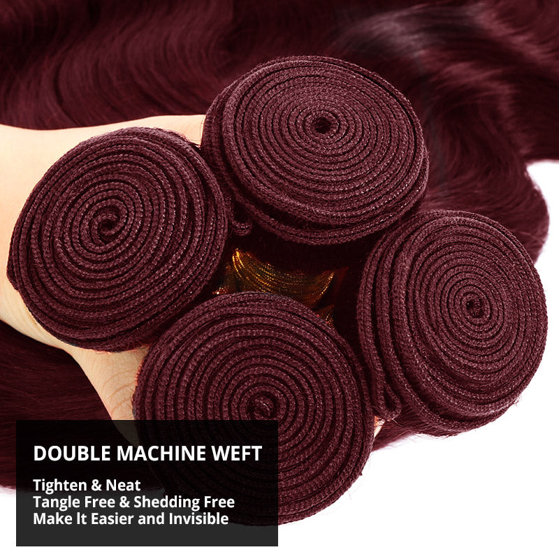 99J Burgundy Body Wave Human Hair 1 3 4 Bundles Unprocessed Wine Red Colored Human Hair Extensions - AlloveHair