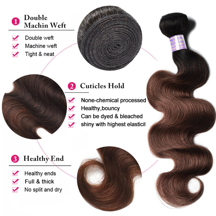1B/2/30 Ombre Body Wave Human Hair Bundles With Closure Chestnut Brown 3 Bundles with 2x6 HD Lace Closure Deep Parting - AlloveHair