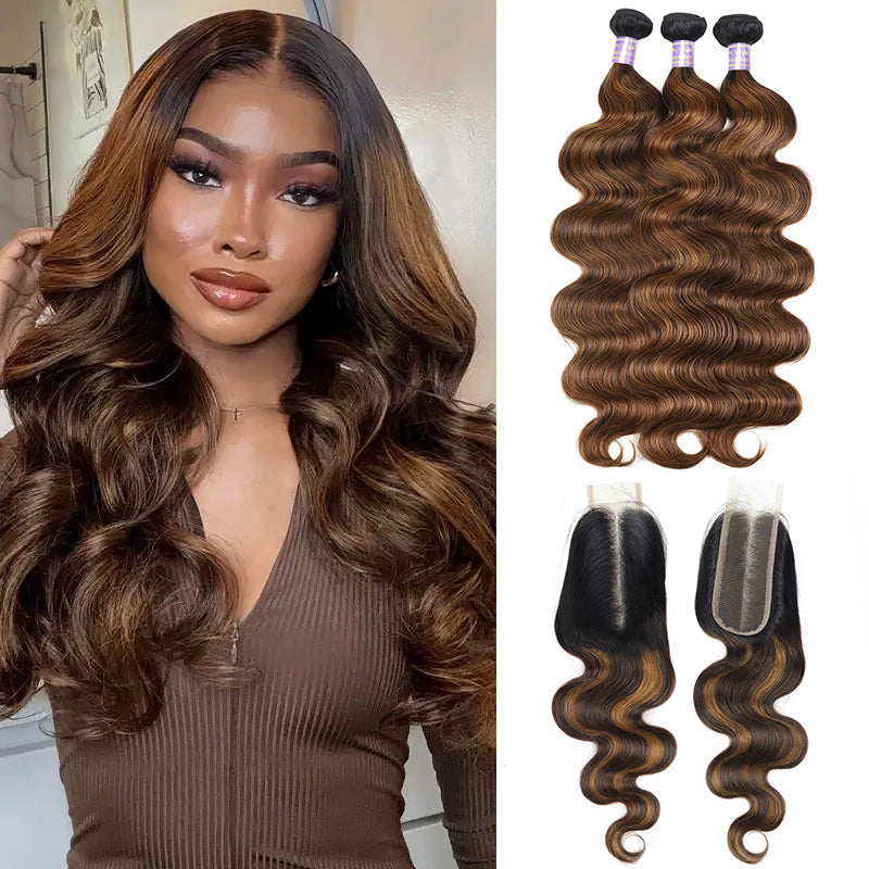T1B/4/30 Highlight Brown Balayage Body Wave Human Hair 3 Bundles With 2x6 Lace Closure Deep Parting - AlloveHair