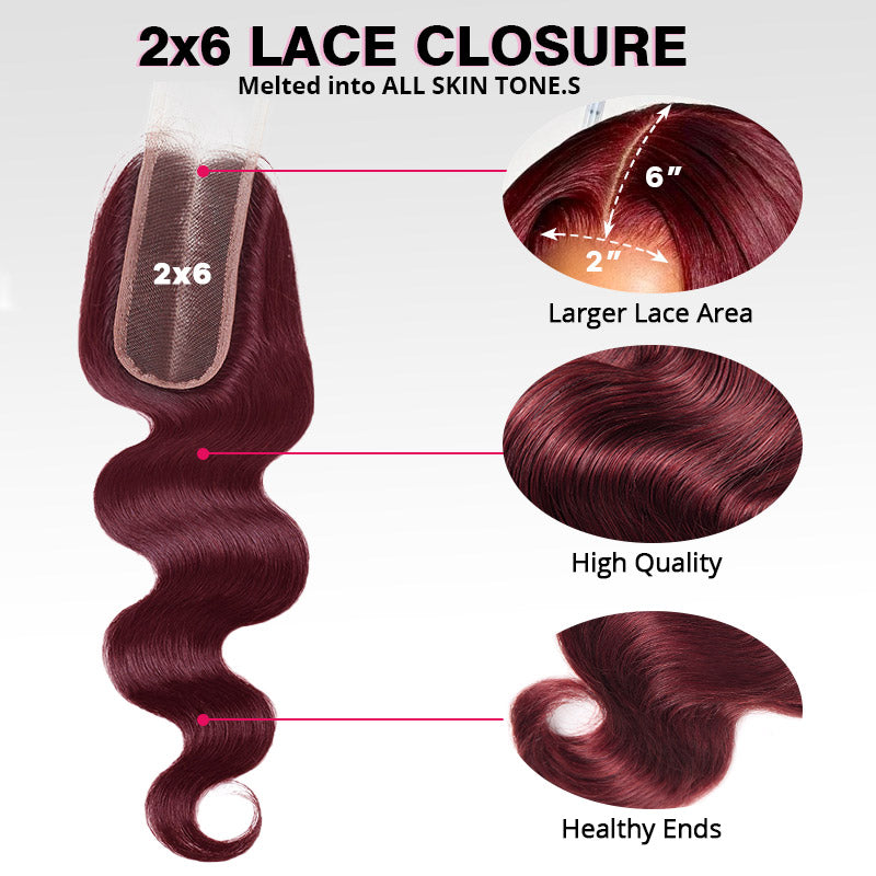 Burgundy 99J Bundles with 2x6 HD Closure Deep Parting Body Wave 3 Bundles Brazilian Human Hair Weave
