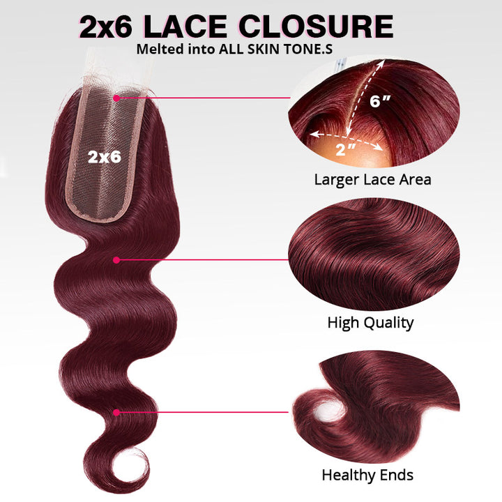 Burgundy 99J Bundles with 2x6 HD Closure Deep Parting Body Wave 3 Bundles Brazilian Human Hair Weave