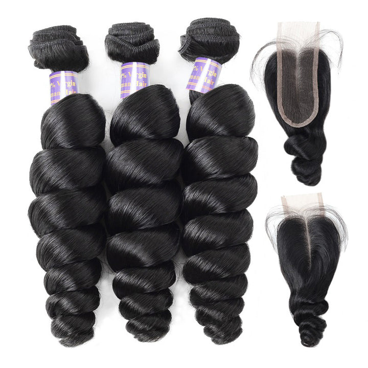 Brazilian Loose Wave Virgin Human Hair 3 Bundles With 2x6 Lace Closure Deep Parting - AlloveHair