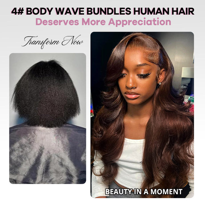 #4 Brown Bundles with Closure Body Wave Human Hair Bundles with 2x6 Lace Closure Sew In Weave Hair Extensions
