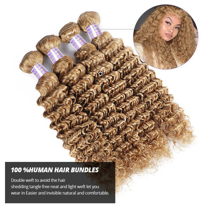 30 Inch #27 Honey Blonde Deep Wave Human Hair Bundles Tangle Free Brazilian Hair Weave Deep Curly Hair 3/4 Bundles - AlloveHair