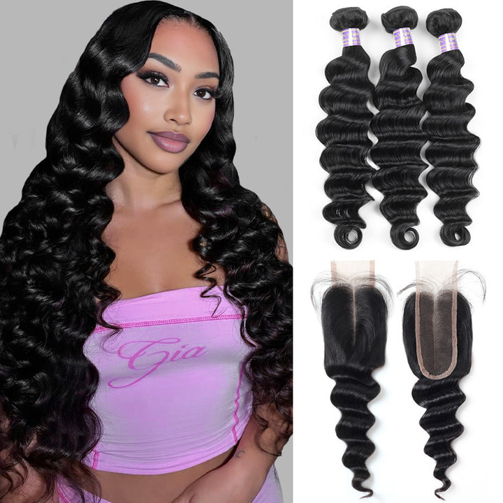 Allove 2x6 Deep Parting HD Lace Closure with Bundles Loose Deep Wave Bundles with Closure Human Hair Weave Extensions