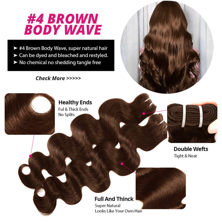 14-28 Inch #4 Brown Color Body Wave 3 Bundles 15A Raw Virgin Brazilian Human Hair Extensions - AlloveHair