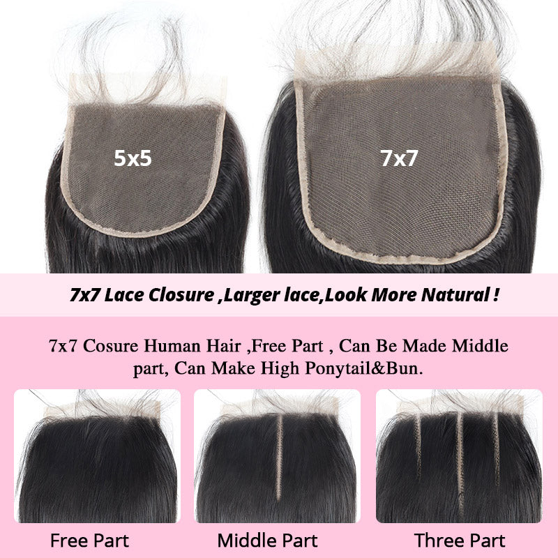 Straight Human Hair Bundles with 7x7 Deep Part HD Lace Closure Virgin Remy Raw Hair Bundles with Closures - AlloveHair
