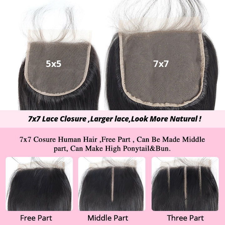 Straight Human Hair Bundles with 7x7 Deep Part HD Lace Closure Virgin Remy Raw Hair Bundles with Closures - AlloveHair