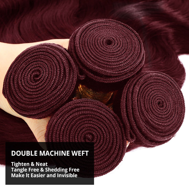 99J Straight Hair Bundles With 2x6 Lace Closure Burgundy Red Colored Human Hair Weave for Sew In