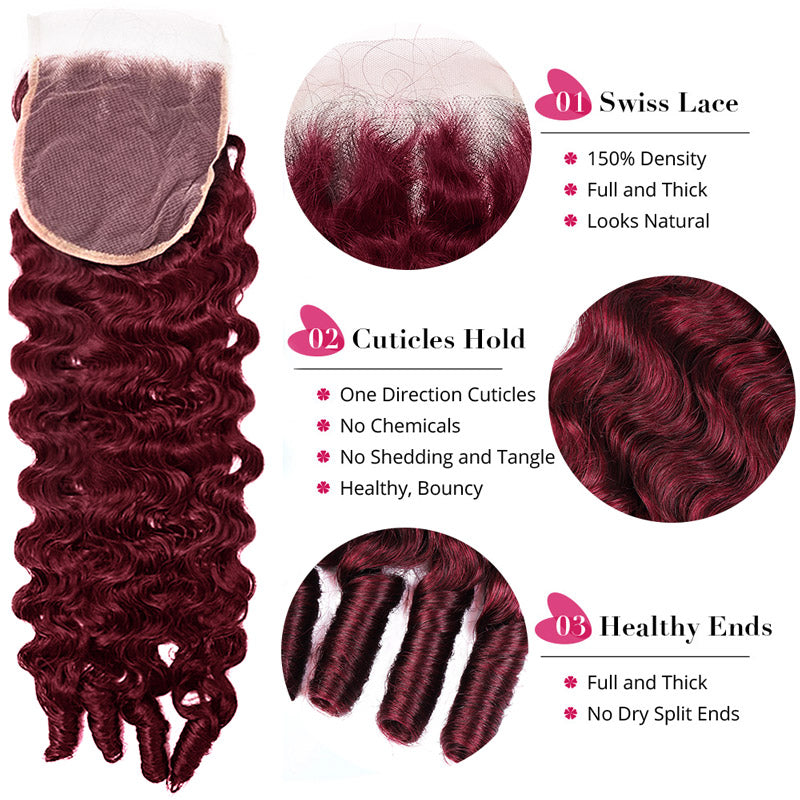 Premium #99J Burgundy Colored Burmese Curly Hair 3 Bundles with 4x4 Lace Closure Deal Red Human Hair Weave
