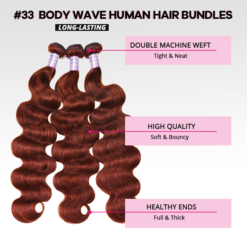 Auburn Brown Body Wave Human Hair 3 Bundles with 2x6 Lace Closure #33 Reddish Brown Bundles with Closure - AlloveHair