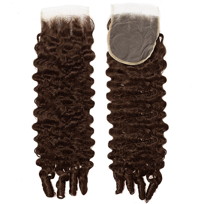 #4 Brown Colored Burmese Curly Human Hair 3 Bundles With 4x4 Transparent Lace Closure