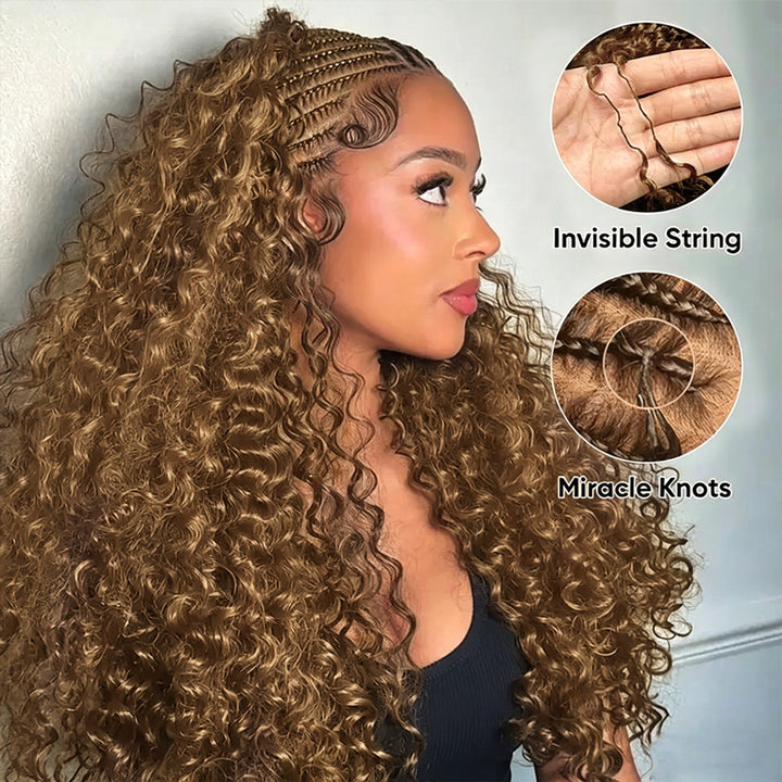 #27 Honey Blonde Burmese Curly Feather Crochet Human Hair Quick Weave with Spiral Curly End Boho Braids Hair Extensions