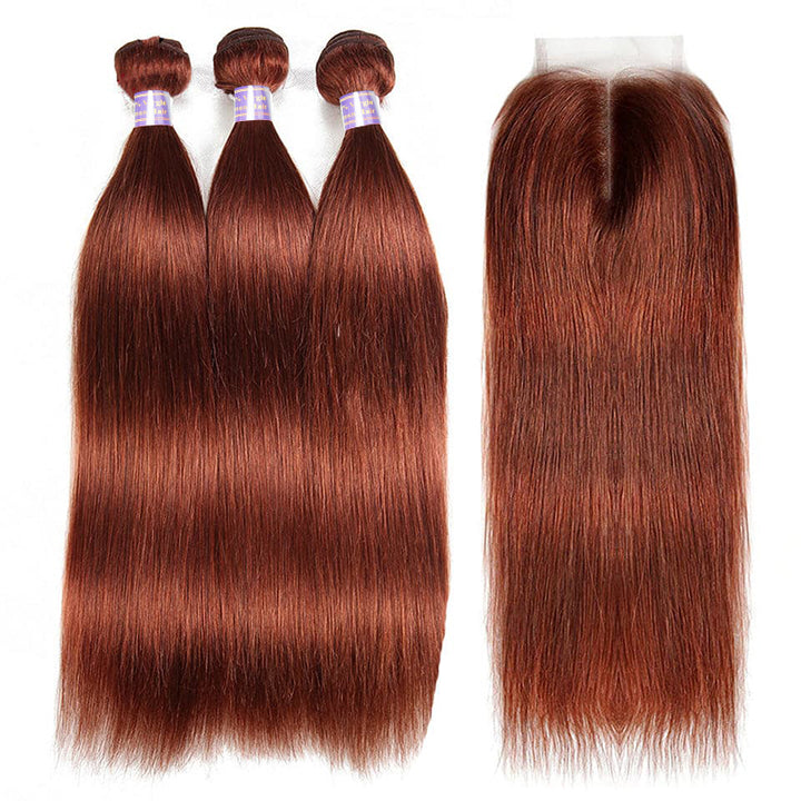 Straight Hair Bundles with Lace Closure #33 Reddish Brown Color 3 Bundles with 4x4 5x5 Lace Closure - AlloveHair