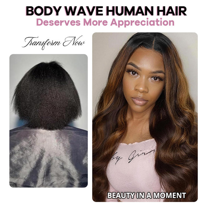 T1B/4/30 Highlight Brown Balayage Body Wave Human Hair 3 Bundles With 2x6 Lace Closure Deep Parting - AlloveHair