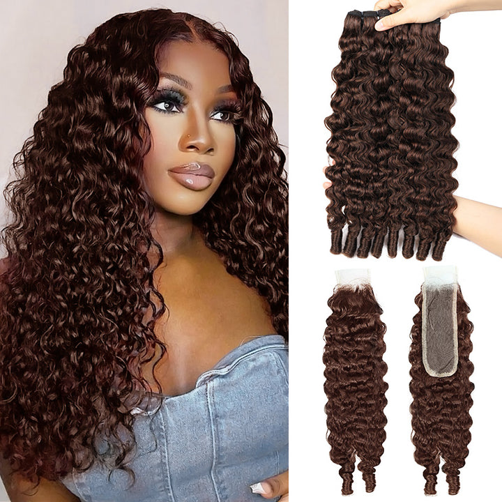 2x6 HD Lace Closure with Burmese Curly Bundles Human Hair Deep Parting 30 Inch Dark Brown Human Hair Weave Extensions