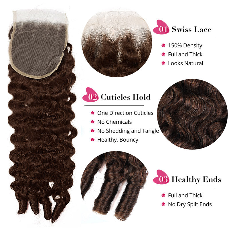 #4 Brown Colored Burmese Curly Human Hair 3 Bundles With 4x4 Transparent Lace Closure