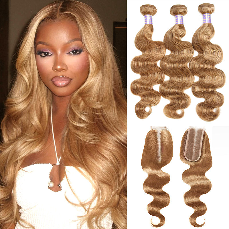 #27 Honey Blonde Bundles with 2x6 HD Lace Closure Colored Body Wave Human Hair 3 Bundles with Lace Closure - AlloveHair