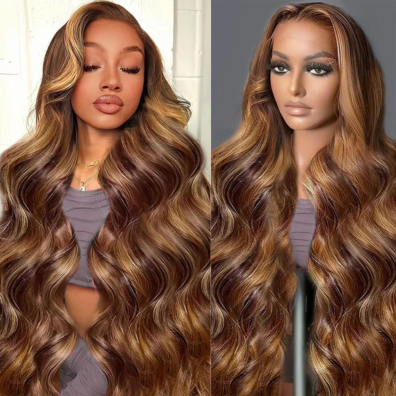 Highlights Piano Color #4/27 Straight And Body Wave 5*5 Glueless Ready To Go Wig 200% Density Thick Hair