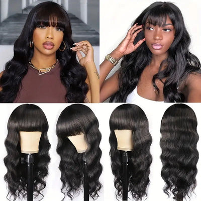 Allove Hair Machine Made Wigs Brazilian Body Wave Human Hair Wig With Free Part Bangs