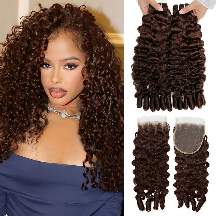 #4 Brown Colored Burmese Curly Human Hair 3 Bundles With 4x4 Transparent Lace Closure