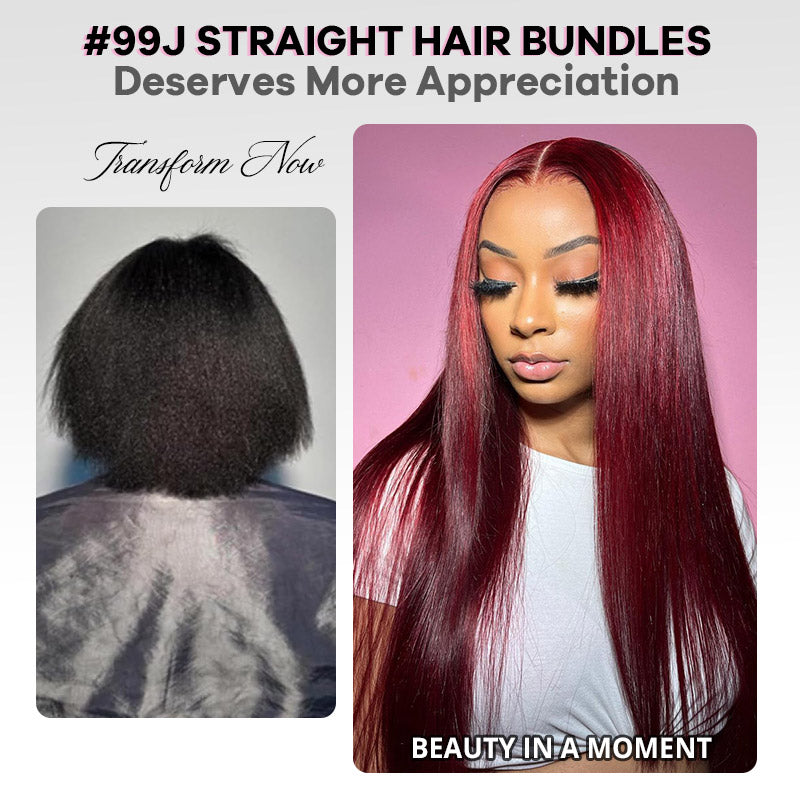 99J Straight Hair Bundles With 2x6 Lace Closure Burgundy Red Colored Human Hair Weave for Sew In