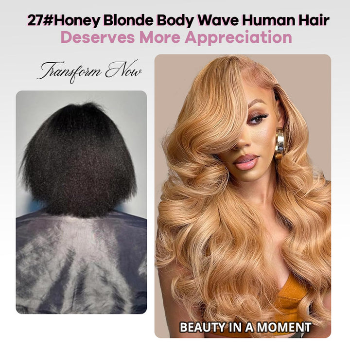 #27 Honey Blonde Bundles with 2x6 HD Lace Closure Colored Body Wave Human Hair 3 Bundles with Lace Closure - AlloveHair