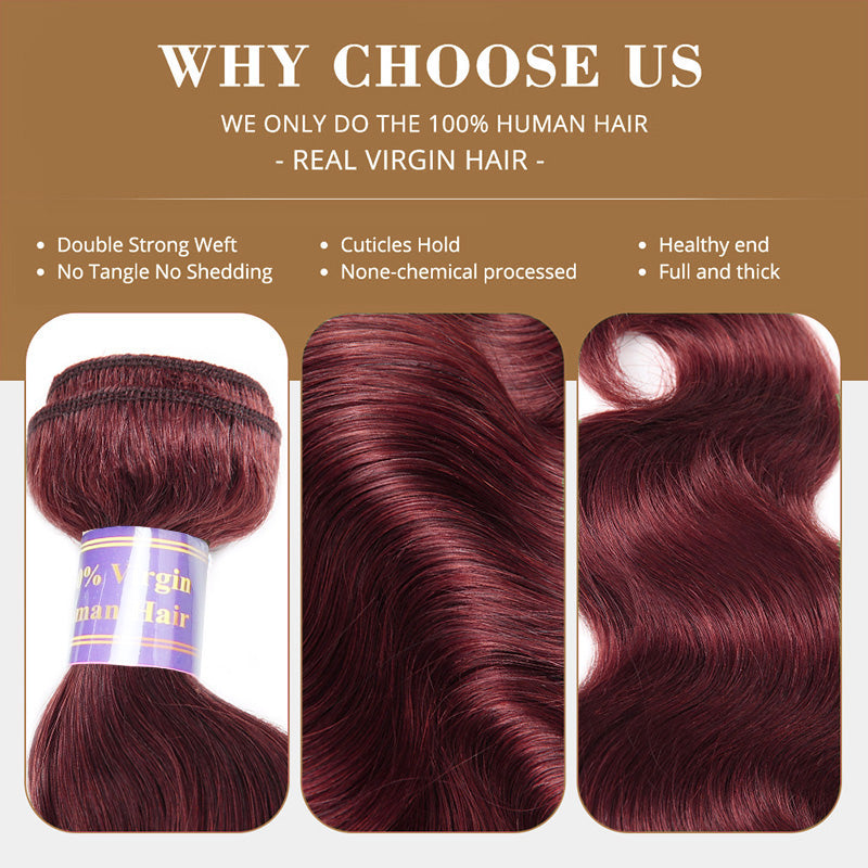 99J Burgundy Body Wave Human Hair 1 3 4 Bundles Unprocessed Wine Red Colored Human Hair Extensions - AlloveHair