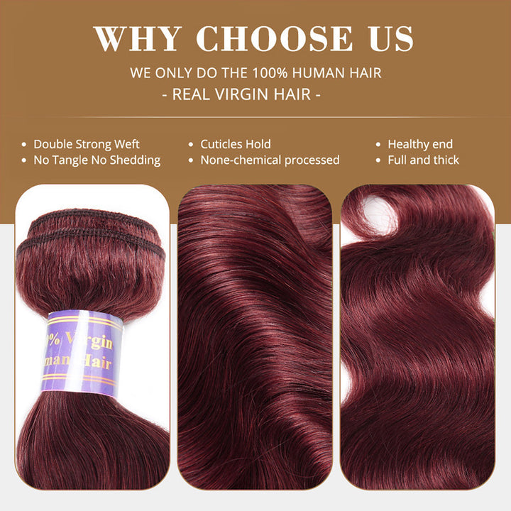 99J Burgundy Body Wave Human Hair 1 3 4 Bundles Unprocessed Wine Red Colored Human Hair Extensions - AlloveHair