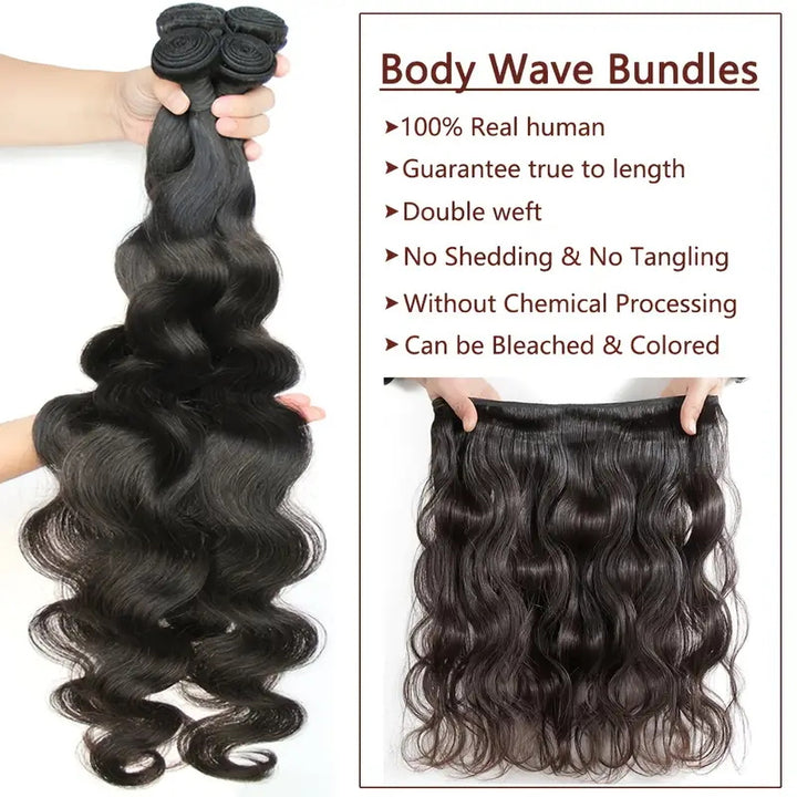 Allove Hair Brazilian Body Wave 3 Bundles with Lace Closure Human Hair