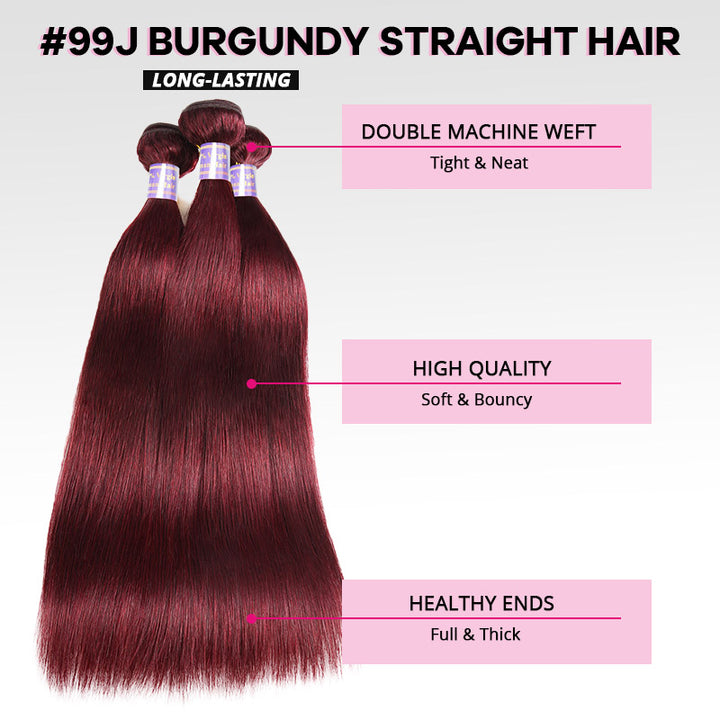 99J Straight Hair Bundles With 2x6 Lace Closure Burgundy Red Colored Human Hair Weave for Sew In