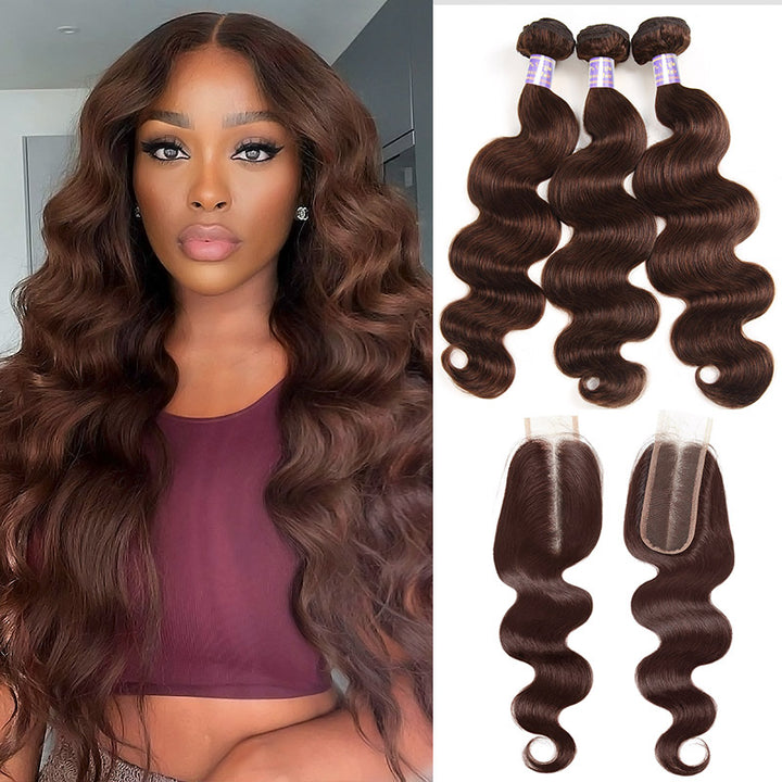#4 Brown Bundles with Closure Body Wave Human Hair Bundles with 2x6 Lace Closure Sew In Weave Hair Extensions