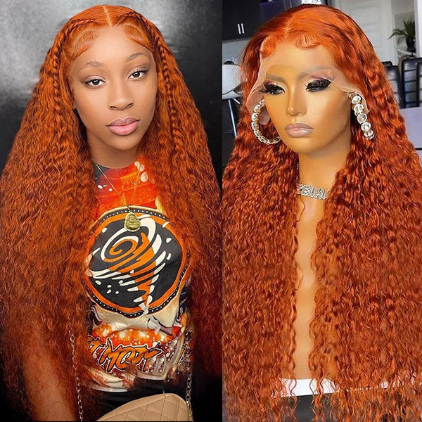 Allove Ginger Orange Color Curly 13x6x1 Lace Part Wigs Brazilian PrePlucked Transparent HD Wig For Women