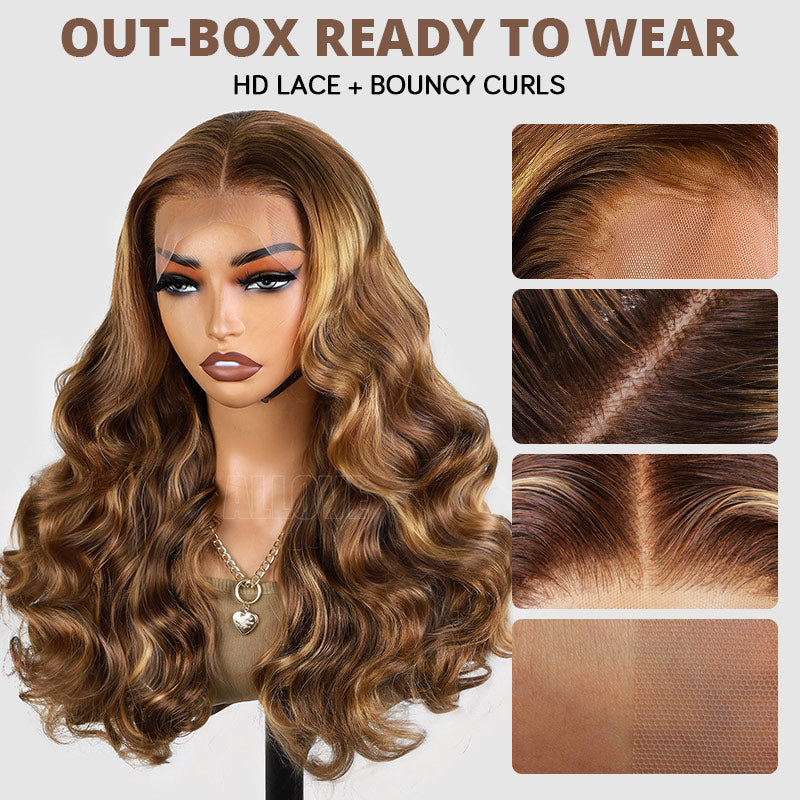 350% Density Balayage Highlight Wigs Salon Quality Bouncy Wavy 13x4 HD Lace Front Wigs for Black Woman