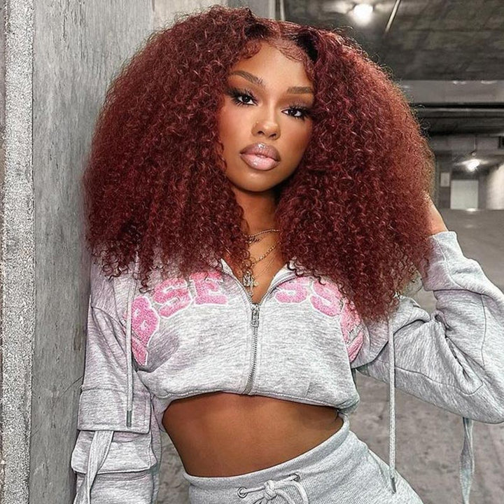 Allove Kinky Curly Reddish Brown Glueless Wig Pre Cut Lace Wear Go Wig