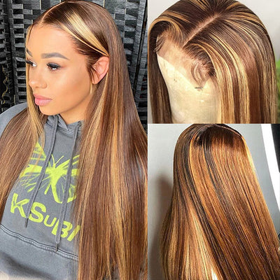 Honey Blonde Hair Color Straight Transparent 4*4 Lace Closure Human Hair Wigs with Pre-plucked