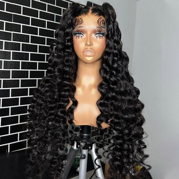 Long 36Inch 13x4 HD Invisible Transparent Lace Front Loose Deep Wave Human Hair Wigs with Pre Plucked