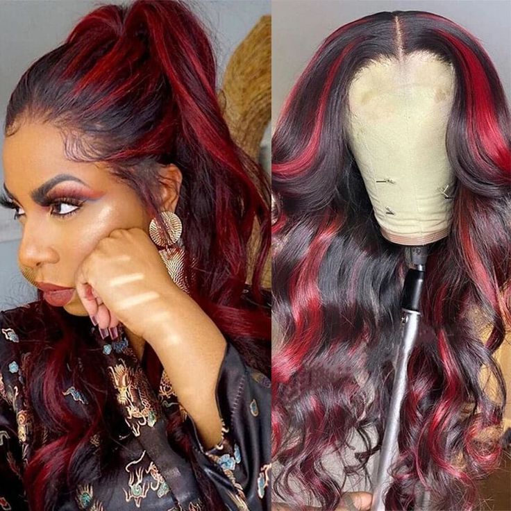 New Arrivals Dark Burgundy with Rose Red Highlights 13x4 Body Wave Glueless Lace Front Wig