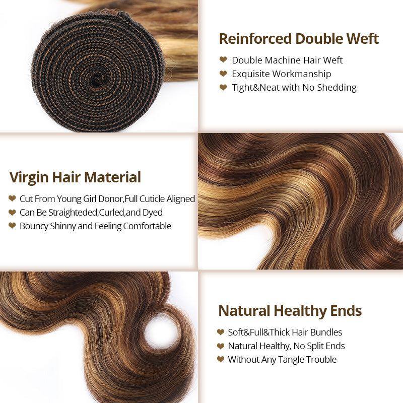 P4/27/613 Highlight Human Hair Bundles Body Wave Brazilian Virgin Hair for Sew In Quick Weave Hair Extensions Skunk Stripe Color - AlloveHair