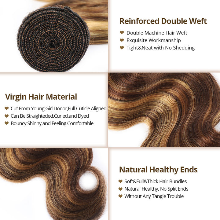 P4/27/613 Highlight Human Hair Bundles Body Wave Brazilian Virgin Hair for Sew In Quick Weave Hair Extensions Skunk Stripe Color - AlloveHair
