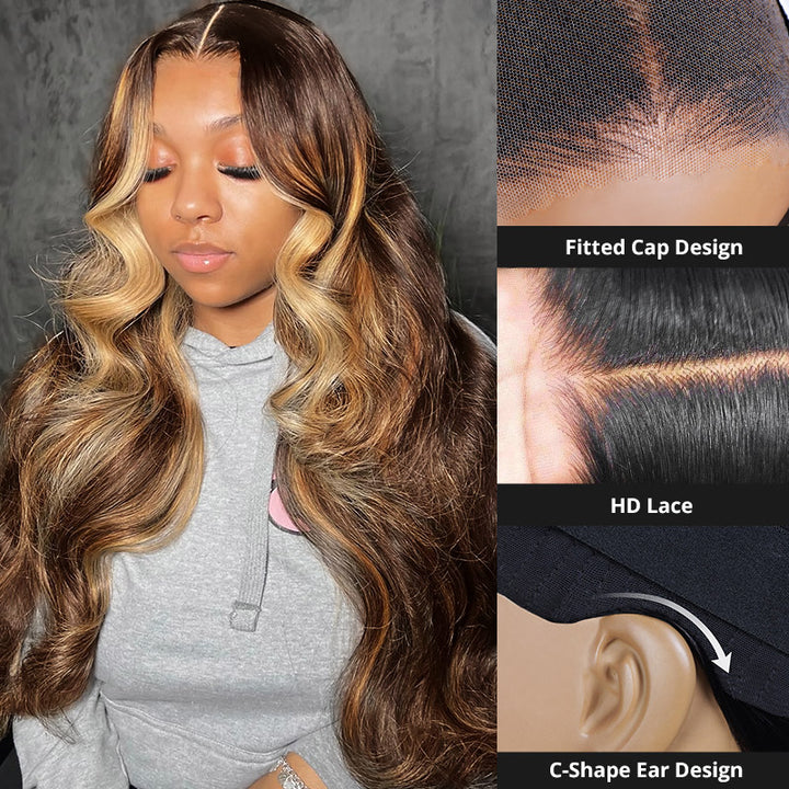Allove Hair C-Shape 5*5 Glueless Highlight Body Wave Lace Front Human Hair Wigs