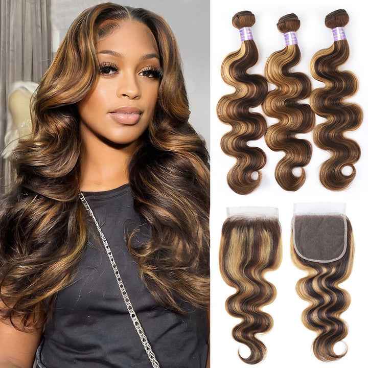 Allove P4/27 Highlight Bundles with Closure Body Wave Hair 3 Bundles with 5x5 Lace Closure